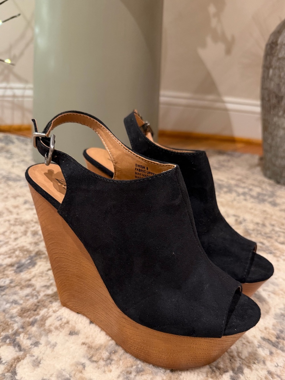 Black Suede Peep-Toe Wedge Sandals - Picture 1 of 3